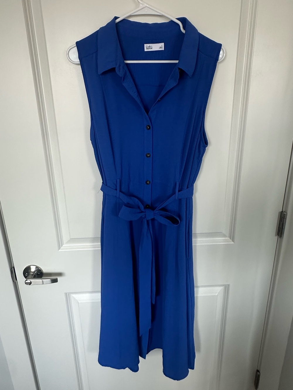 Large - Blue - Sleeveless Button-Front Belted Dress